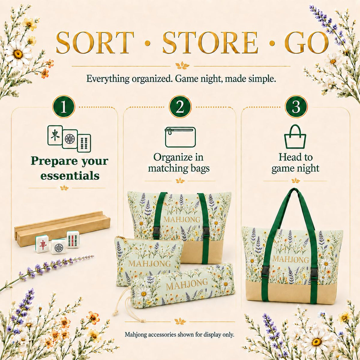 3-Piece Mahjong Bag Set with Mat Holder Straps D88841