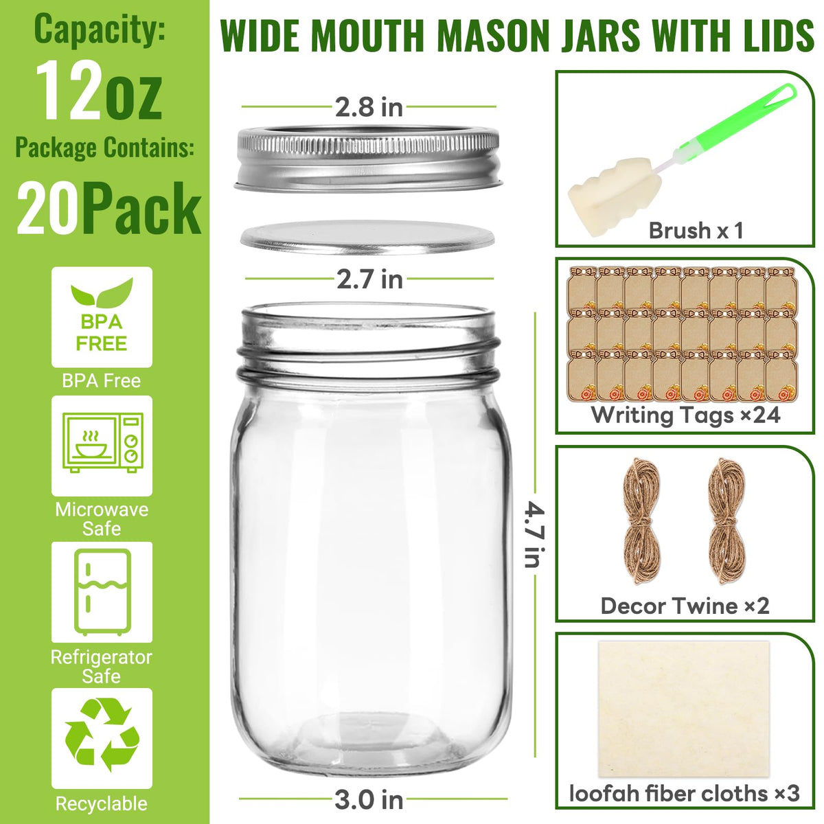12 oz Mason Jars with Lids 20 Pack K53448