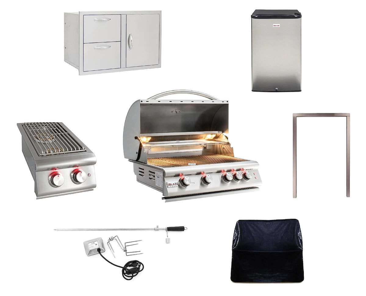 32” Built-in Gas Grill, Double Side Burner, Door & Two Drawers Combo, 20” Refrigerator N120110