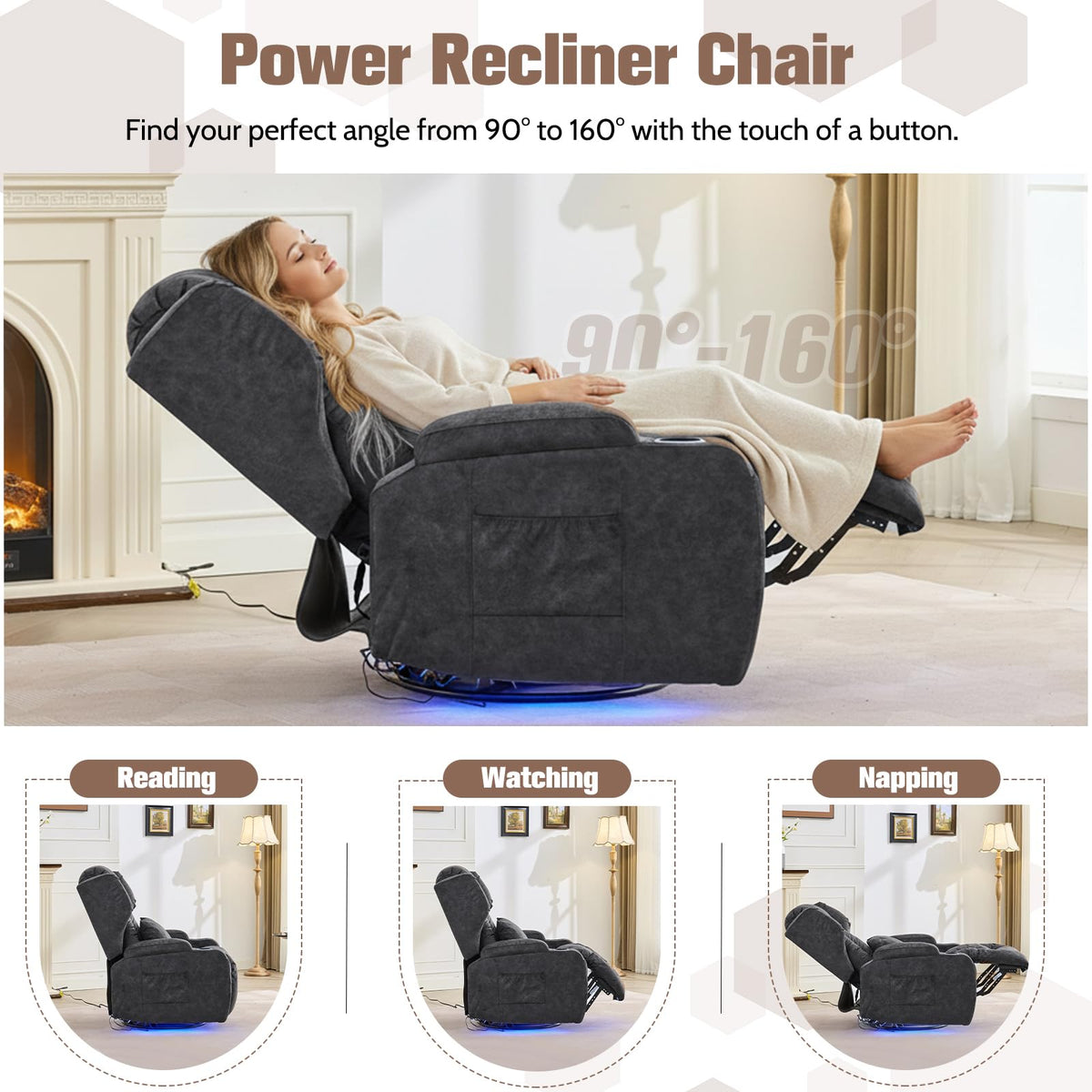 Velvet Gray Swivel Rocker Recliner with Massage and Heat Z2865