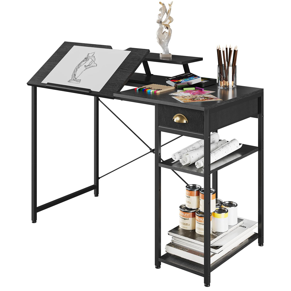 Black Adjustable Drafting Table with Storage Shelves & Drawer P3430