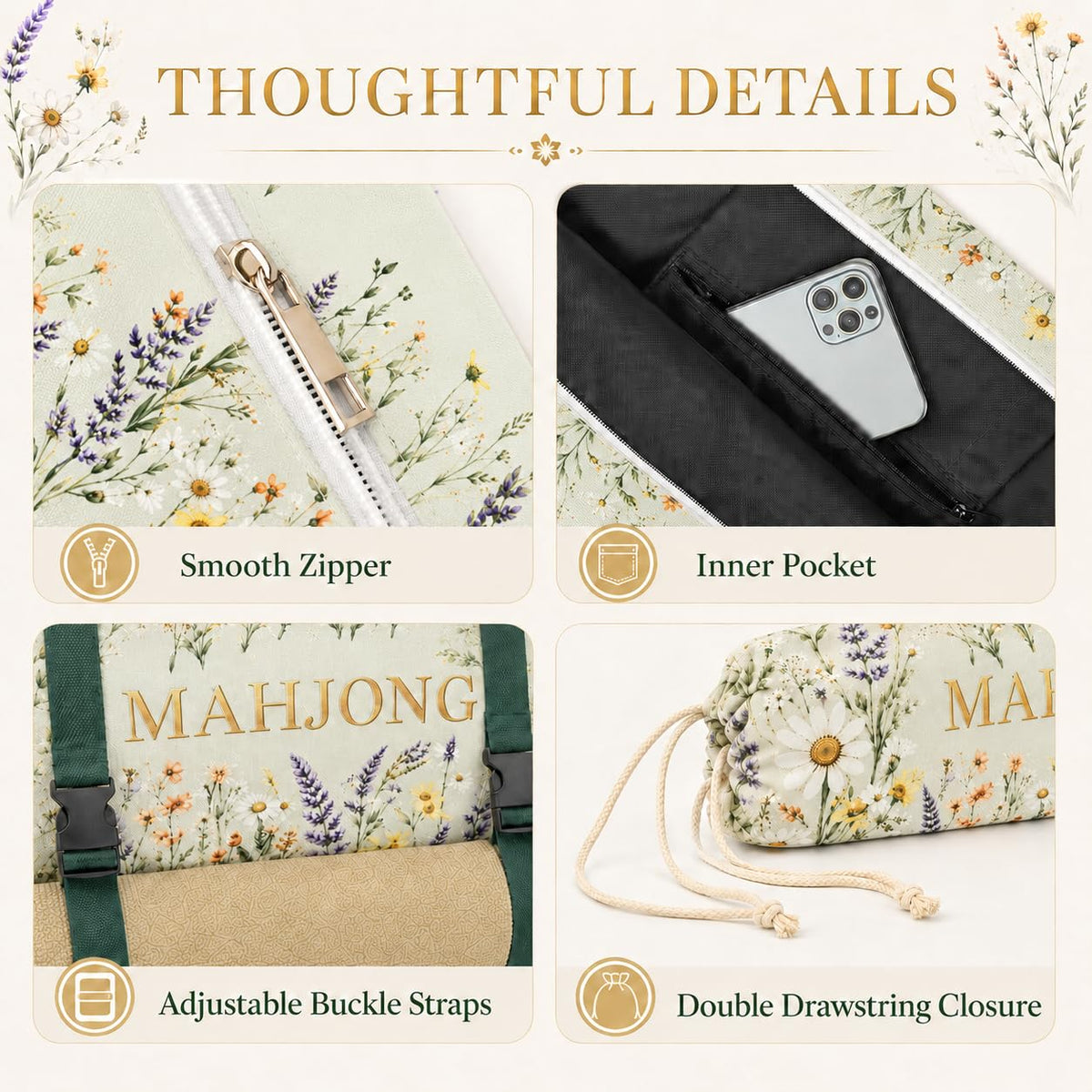 3-Piece Mahjong Bag Set with Mat Holder Straps D88841