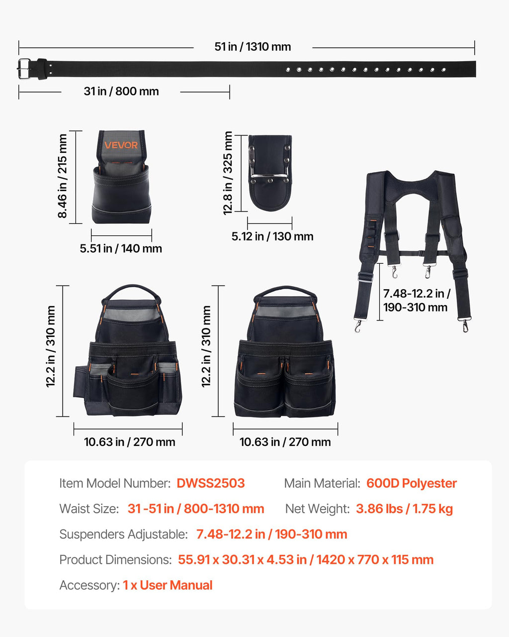 19 Pockets Adjustable Tool Belt with Suspenders F19315