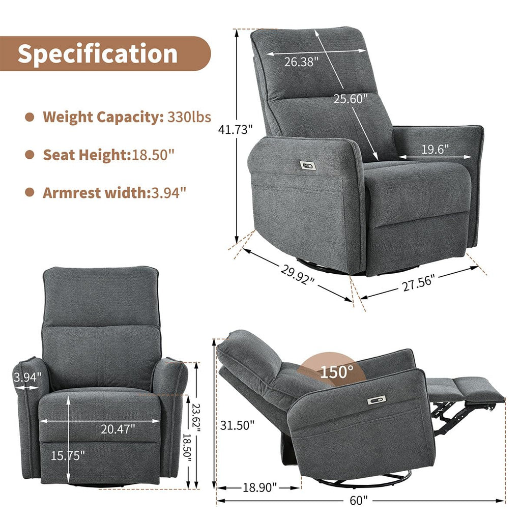 Power Swivel Rocker Recliner Chair with USB, Dark Gray D43424
