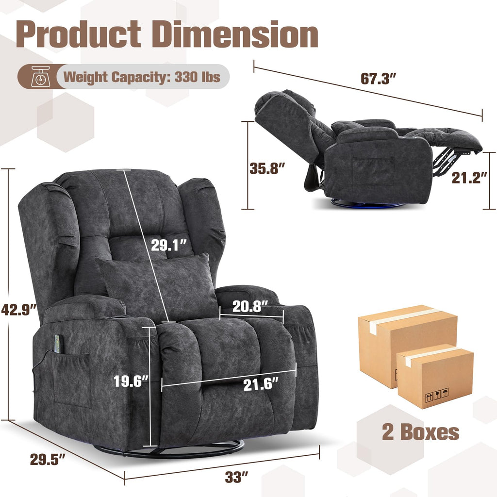 Velvet Gray Swivel Rocker Recliner with Massage and Heat Z2865