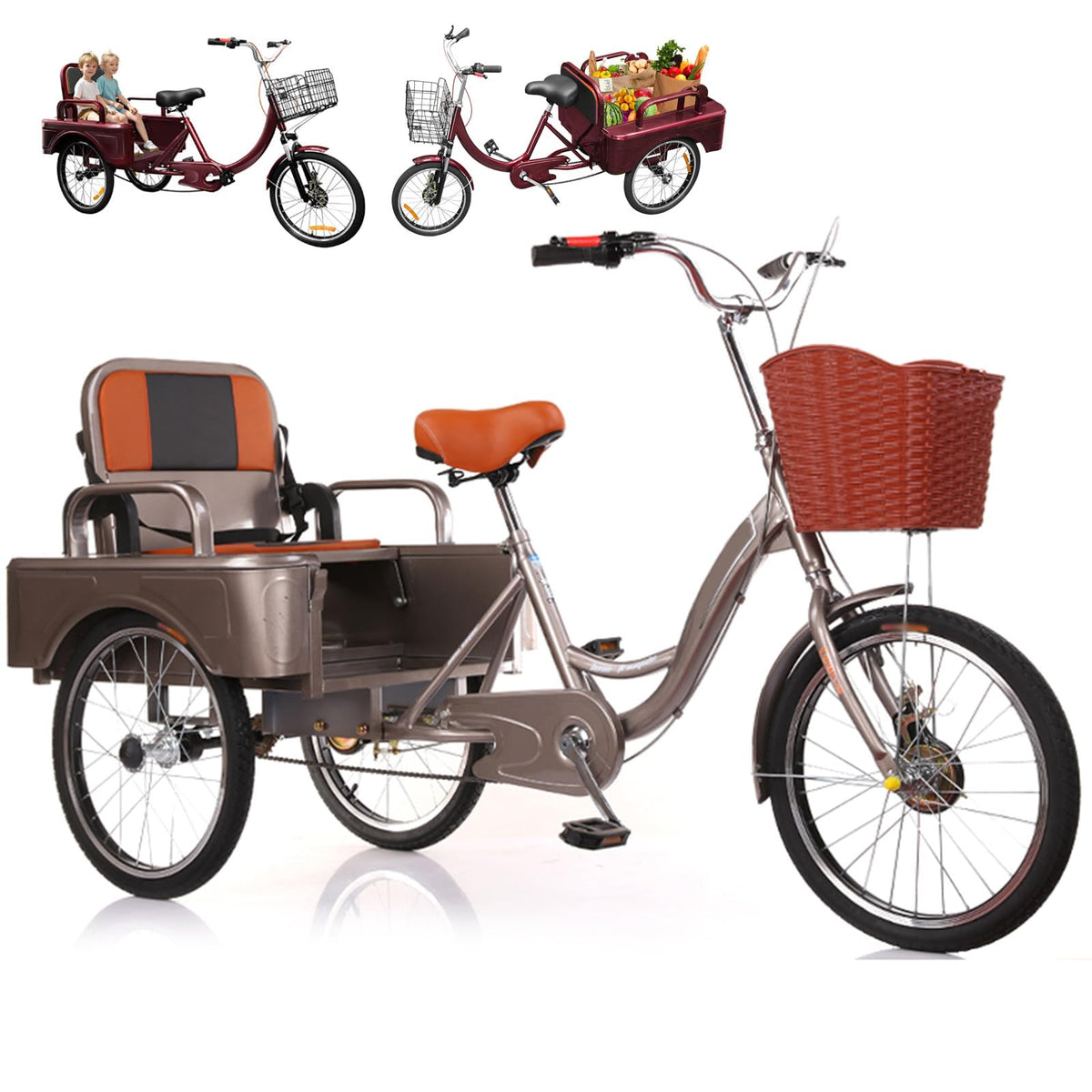 20 Inch 3-Wheel Electric Tricycle with Front Basket & Cargo Carrier W606589