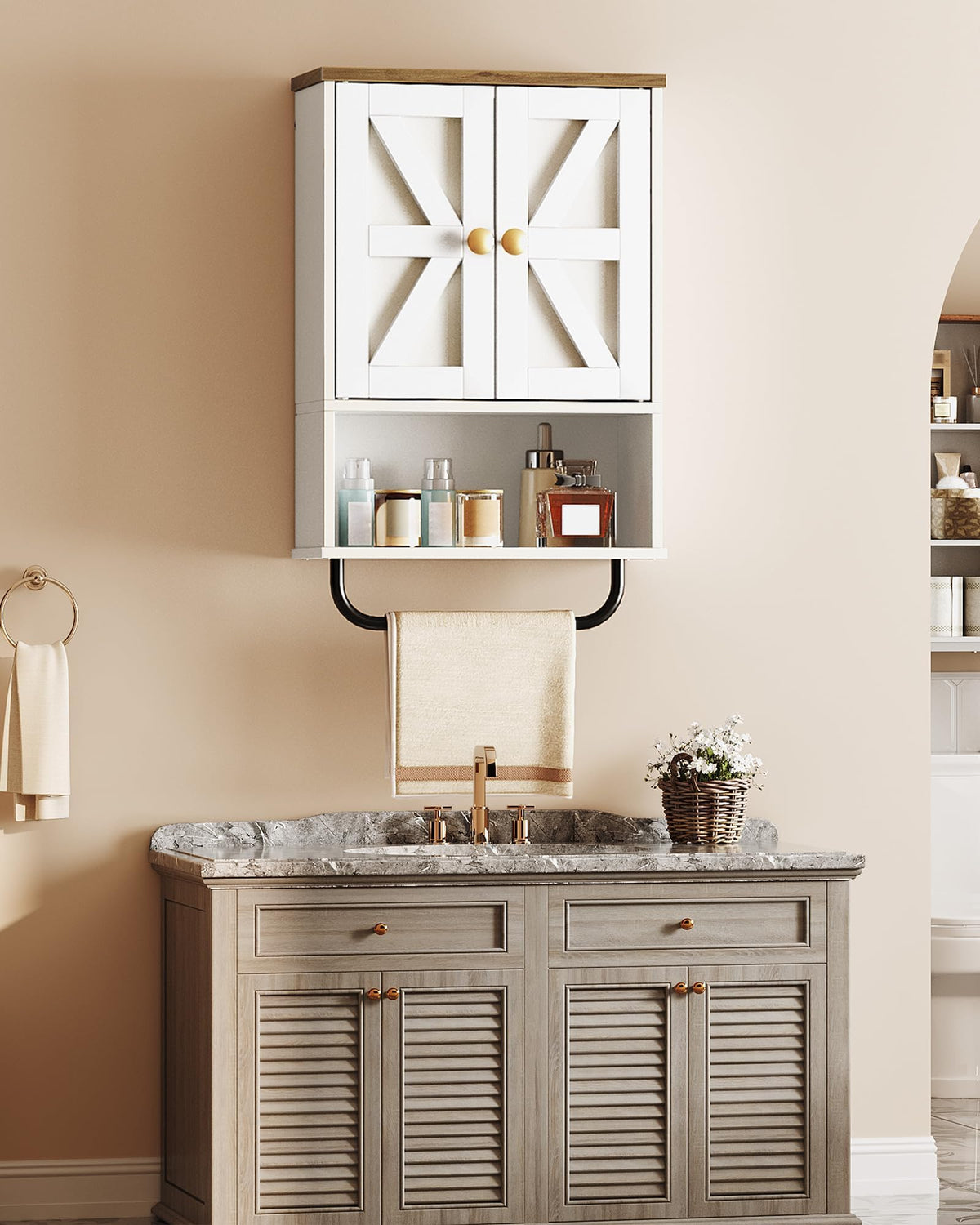 White and Walnut Bathroom Wall Cabinet with Towel Bar Z588570