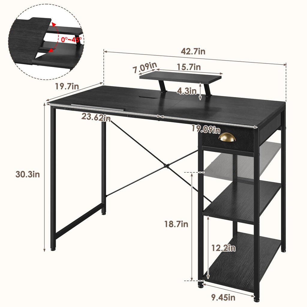 Black Adjustable Drafting Table with Storage Shelves & Drawer P3430