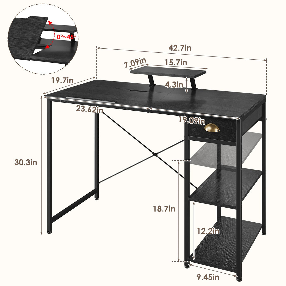 Black Adjustable Drafting Table with Storage Shelves & Drawer P3430
