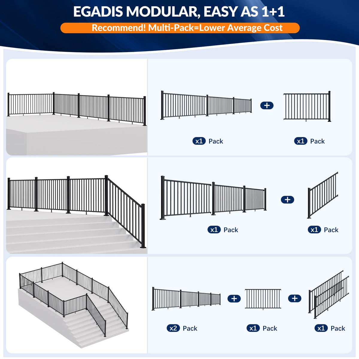 3 Pack Aluminum Porch and Deck Railing Kit with 4 Post A579