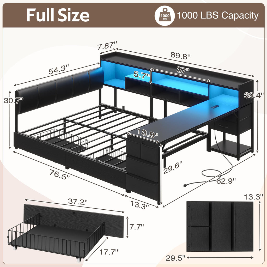 Black Corner Bed Frame Full with Storage and Desk A64169