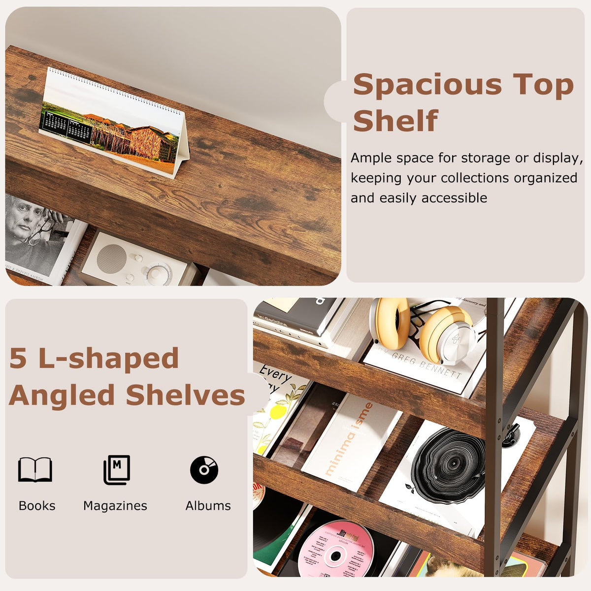6-Tier Tall Freestanding Bookshelf with Angled Shelves F665