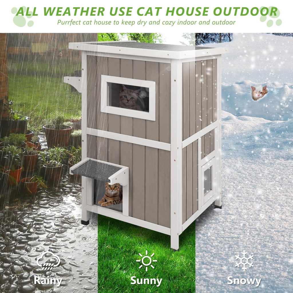2 Story Weatherproof Wooden Outdoor Cat House M547