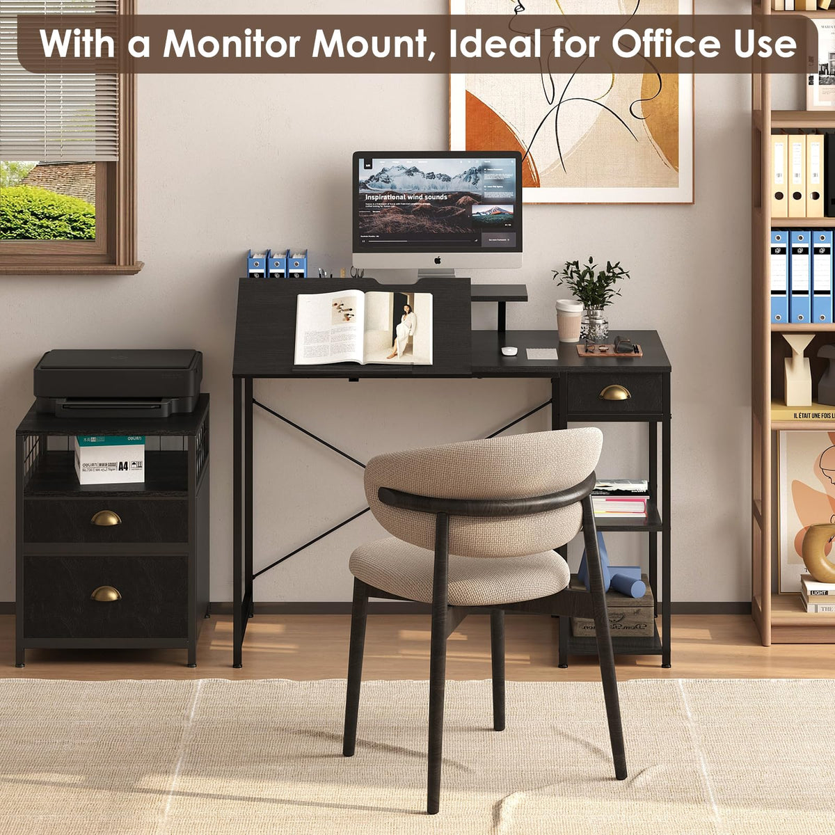 Black Adjustable Drafting Table with Storage Shelves & Drawer P3430
