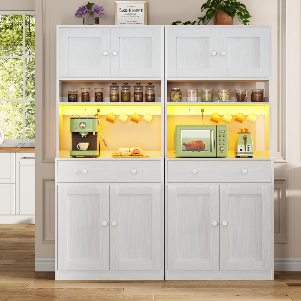 71" Tall White Kitchen Pantry Cabinet with Microwave Countertop T370237