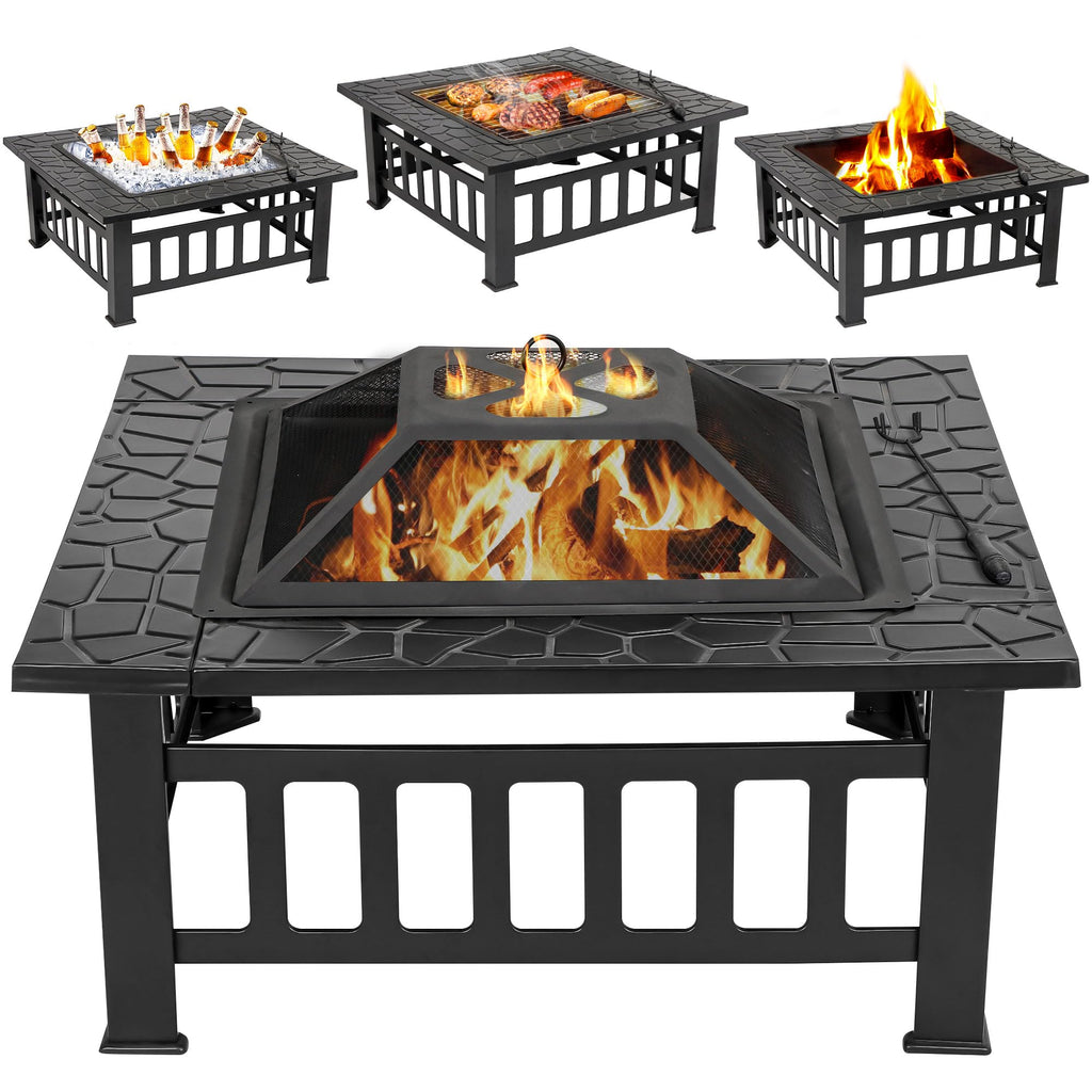 32 Inch Square Metal Outdoor Fire Pit with Spark Screen Lid and Waterproof Cover O55815