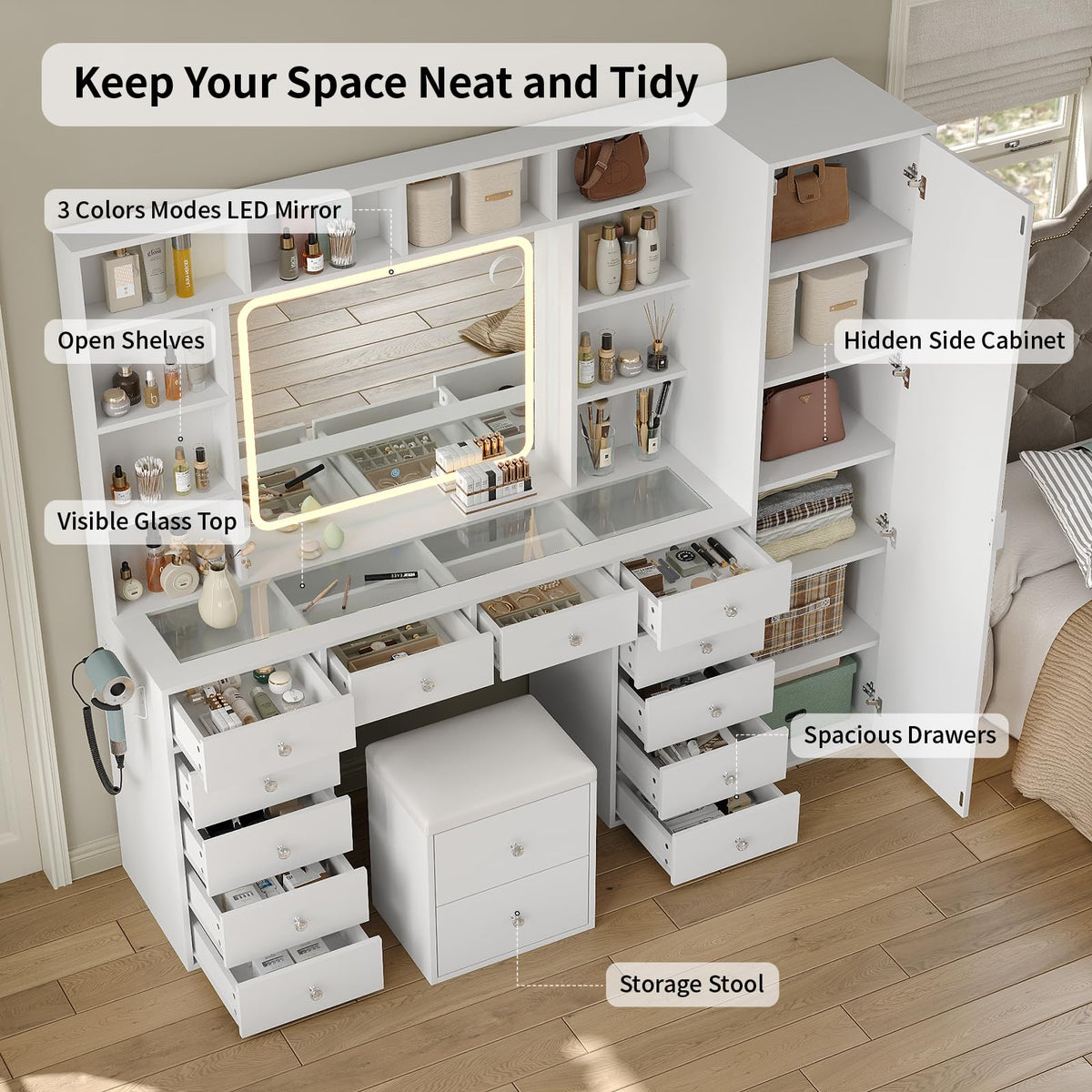 White Vanity Desk with LED Mirror 14 Drawers 10 Shelves P503