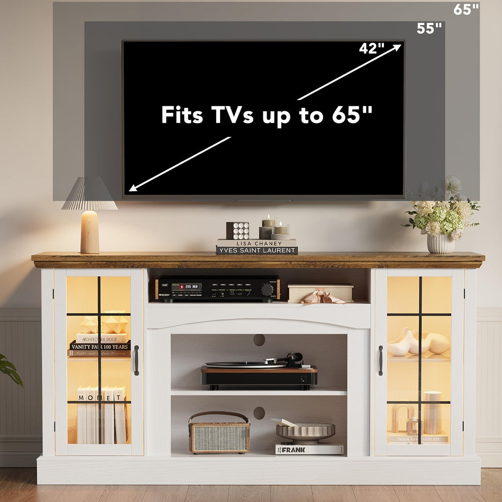 58" White TV Stand with Glass Door Storage Cabinet E303