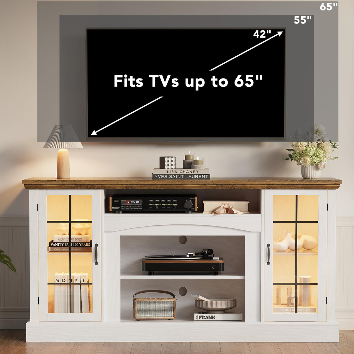 58" White TV Stand with Glass Door Storage Cabinet E303