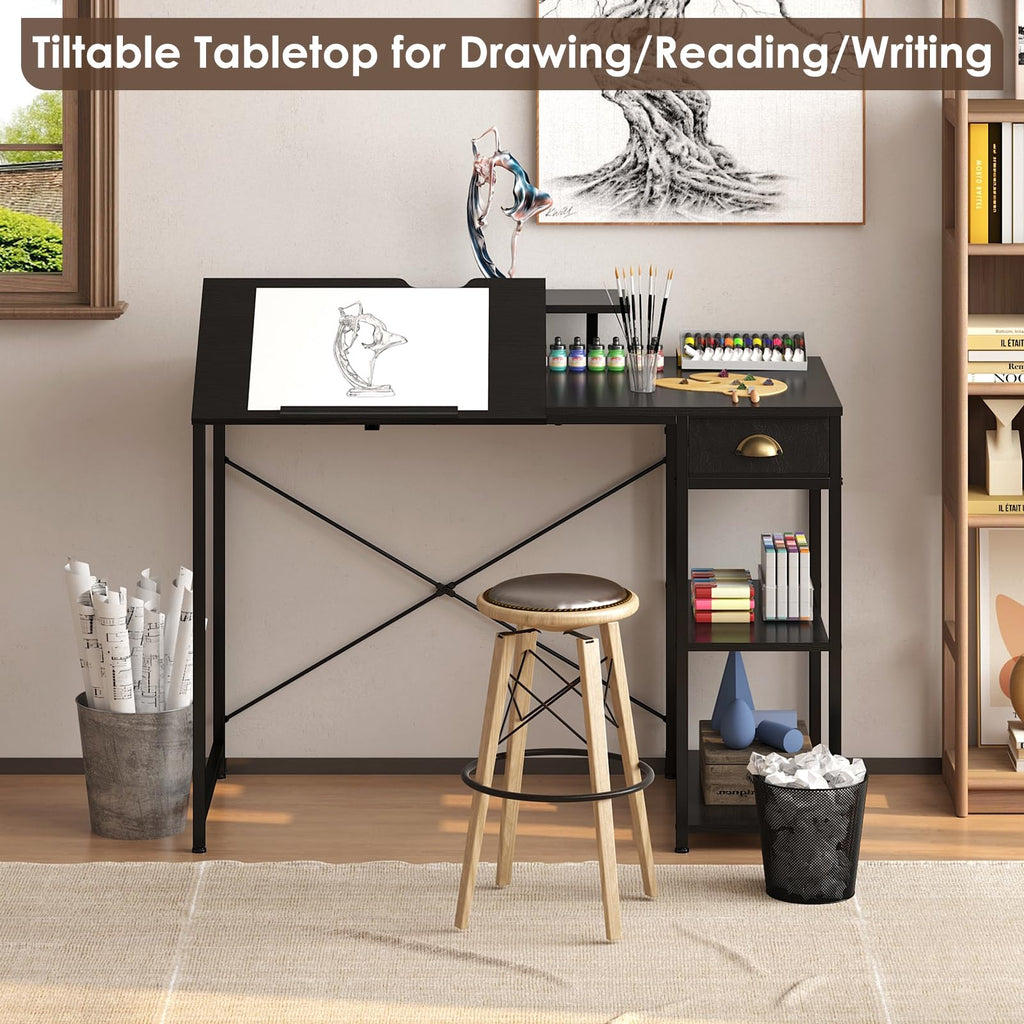 Black Adjustable Drafting Table with Storage Shelves & Drawer P3430