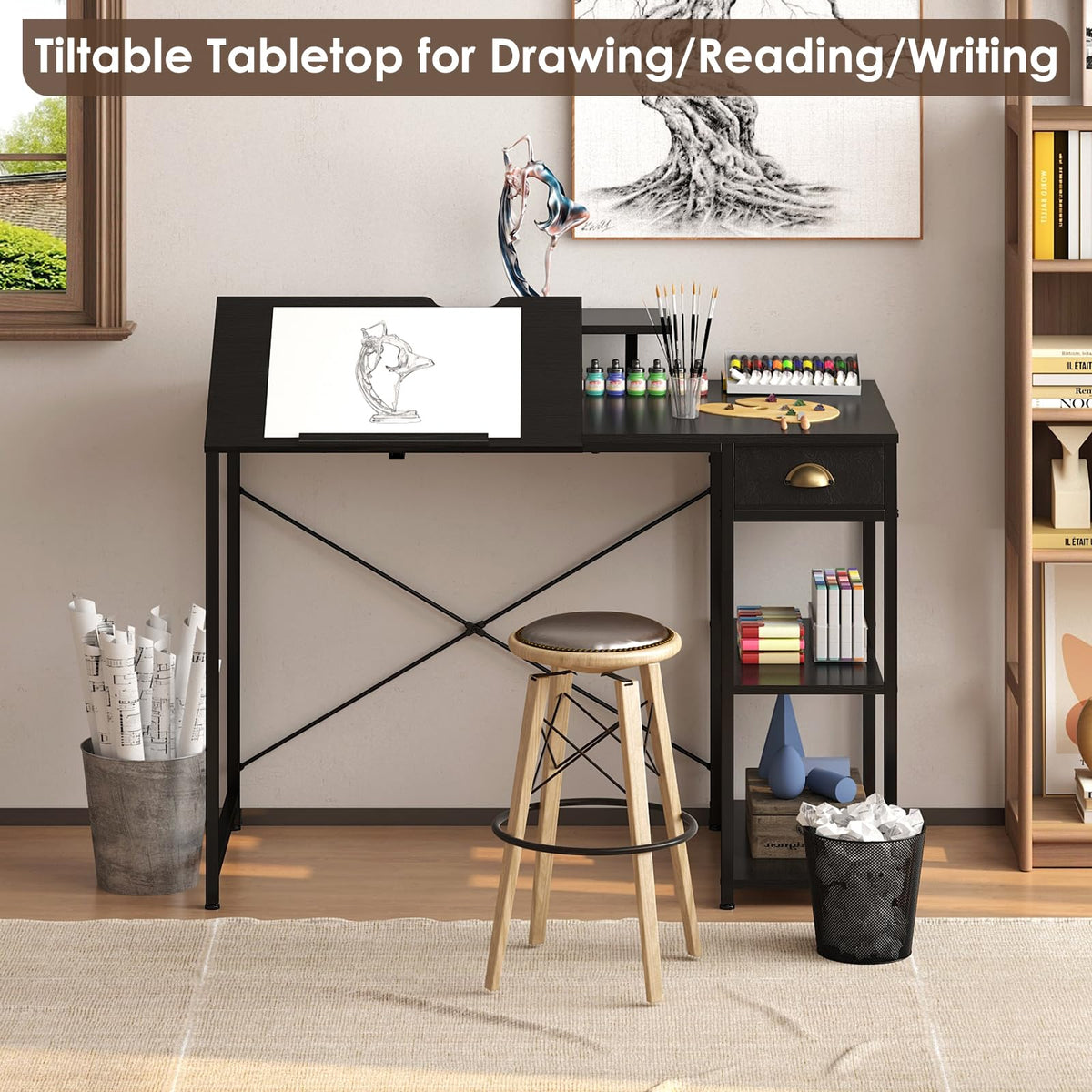 Black Adjustable Drafting Table with Storage Shelves & Drawer P3430