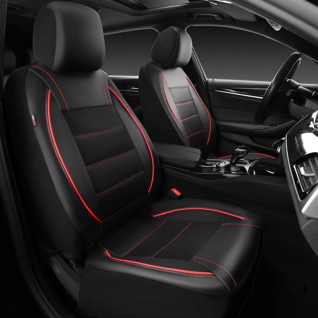 Black Red Faux Leather Front Seat Covers P9498