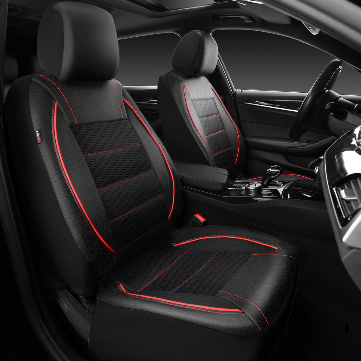 Black Red Faux Leather Front Seat Covers P9498
