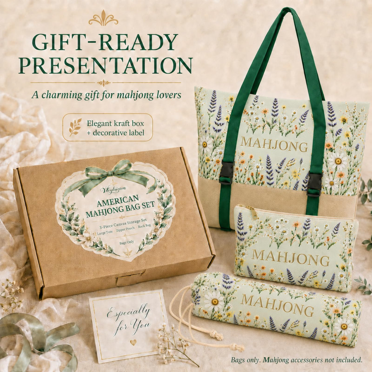 3-Piece Mahjong Bag Set with Mat Holder Straps D88841