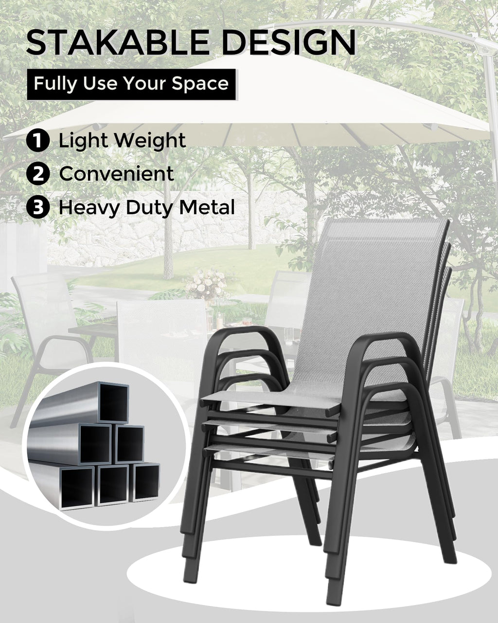 4 Pcs Stackable Grey Metal Textilene Patio Chairs T253