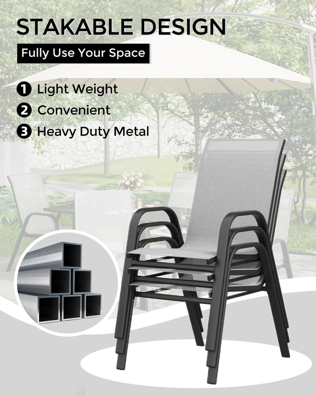 4 Pcs Stackable Grey Metal Textilene Patio Chairs T253
