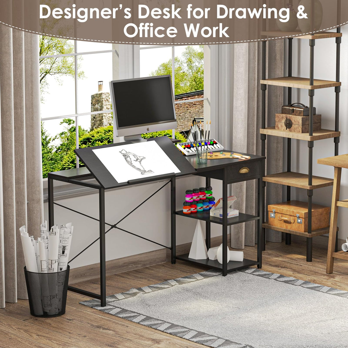 Black Adjustable Drafting Table with Storage Shelves & Drawer P3430