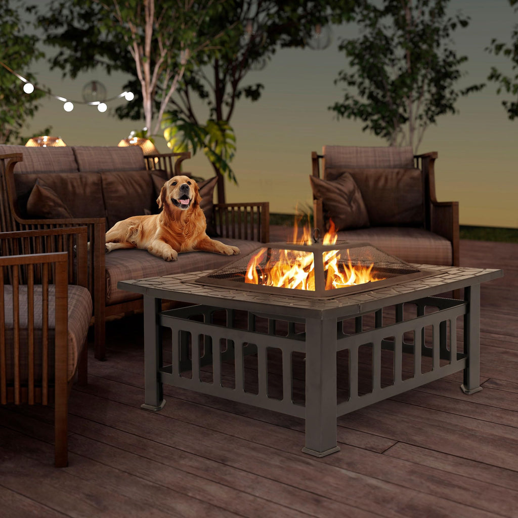 32 Inch Square Metal Outdoor Fire Pit with Spark Screen Lid and Waterproof Cover O55815