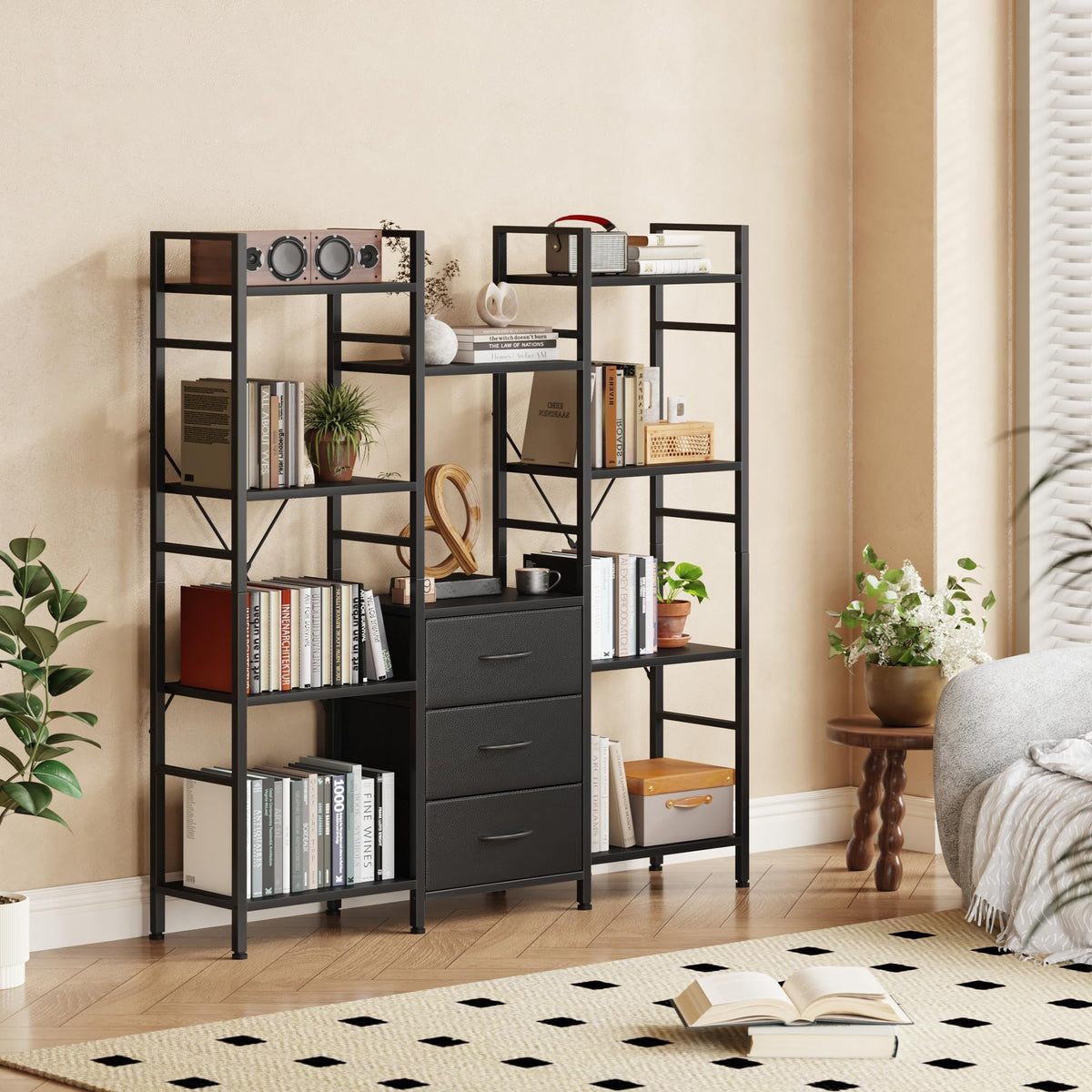 Black 4-Tier Bookshelf with 3 Fabric Drawers V962035