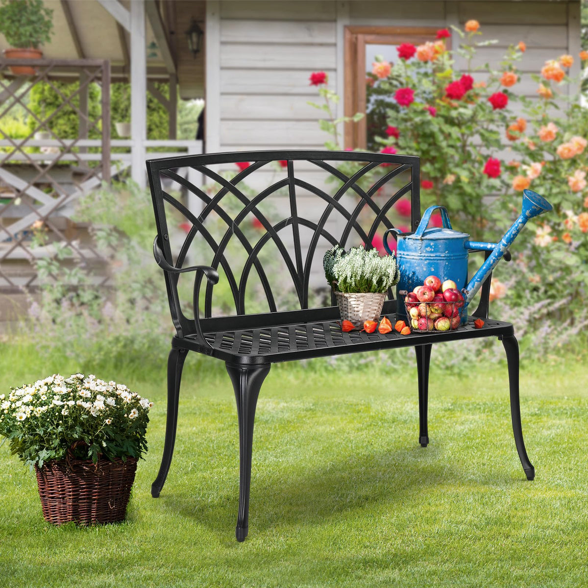 38" Black Metal Outdoor Bench Z89489
