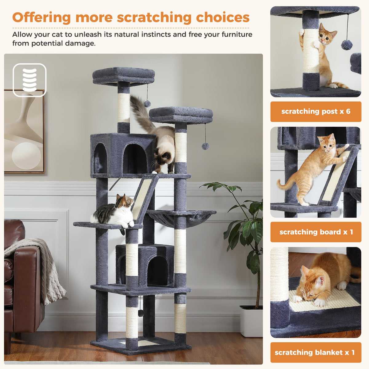 70 Inches Tall Dark Gray Cat Tree with 2 Condos C676