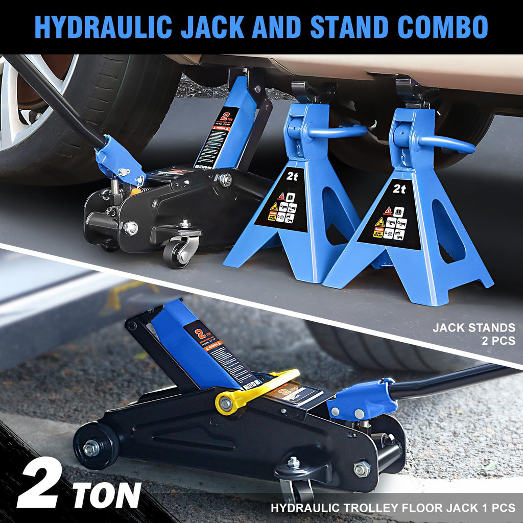 Low Profile Hydraulic Trolley Floor Jack with 2 Ratchet Jack Stands, 2 Ton Capacity, Blue R8615