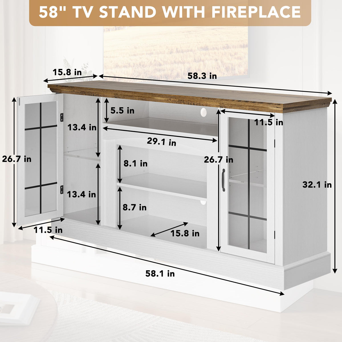 58" White TV Stand with Glass Door Storage Cabinet E303