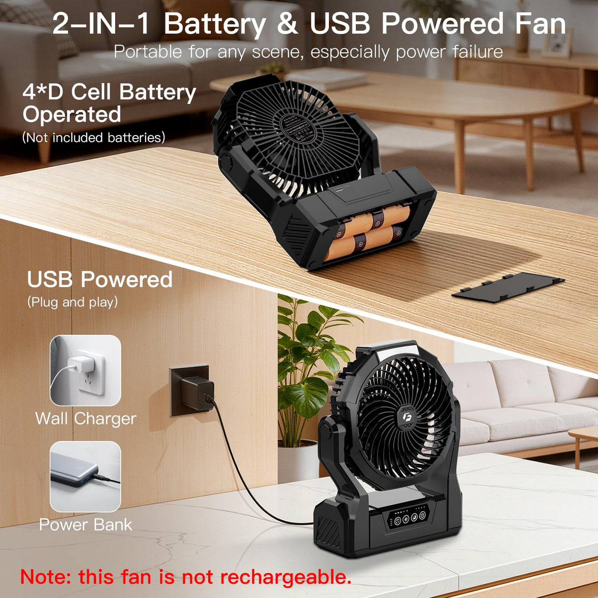 Battery Operated Portable Fan with 4 Speeds, 3 Timers & 2 Light Modes, Black P29894