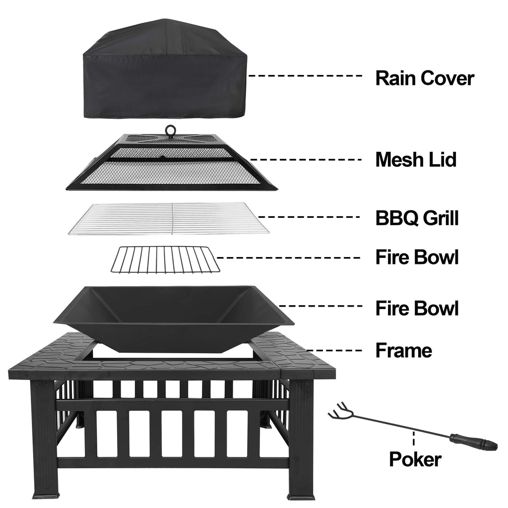 32 Inch Square Metal Outdoor Fire Pit with Spark Screen Lid and Waterproof Cover O55815