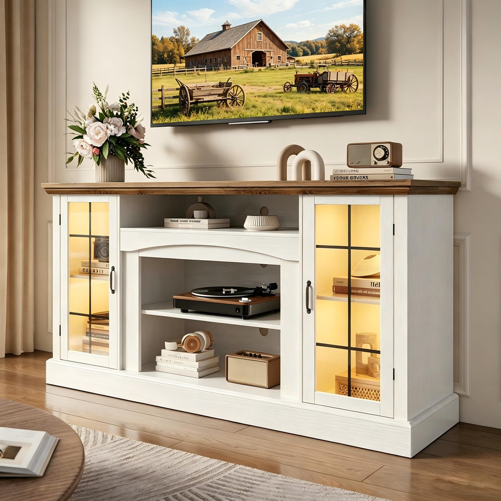 58" White TV Stand with Glass Door Storage Cabinet E303