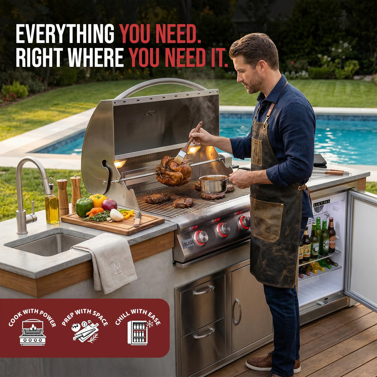 32” Built-in Gas Grill, Double Side Burner, Door & Two Drawers Combo, 20” Refrigerator N120110