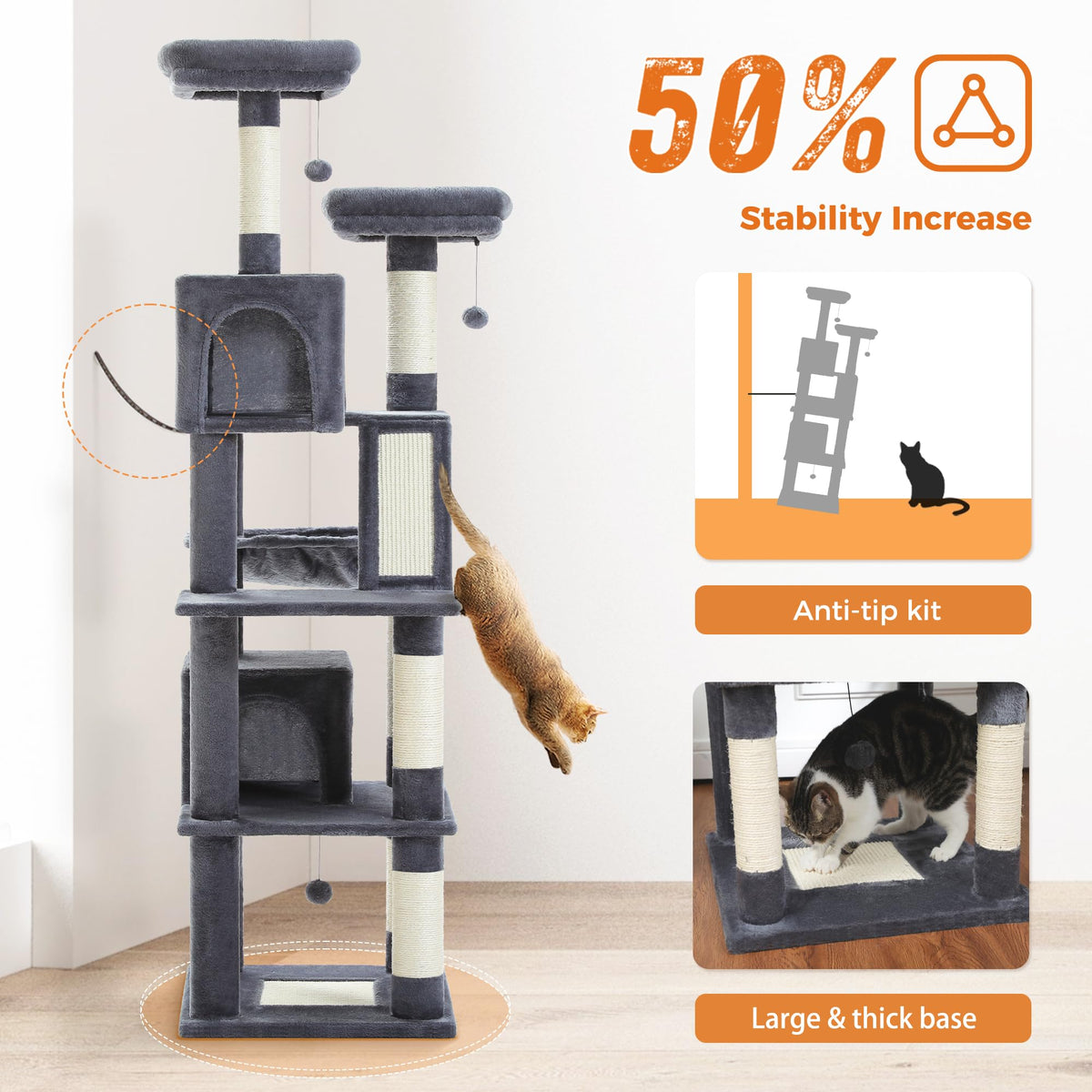 70 Inches Tall Dark Gray Cat Tree with 2 Condos C676