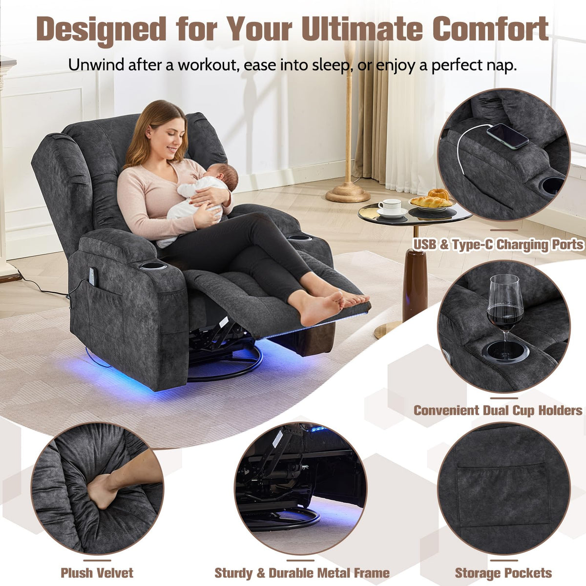 Velvet Gray Swivel Rocker Recliner with Massage and Heat Z2865