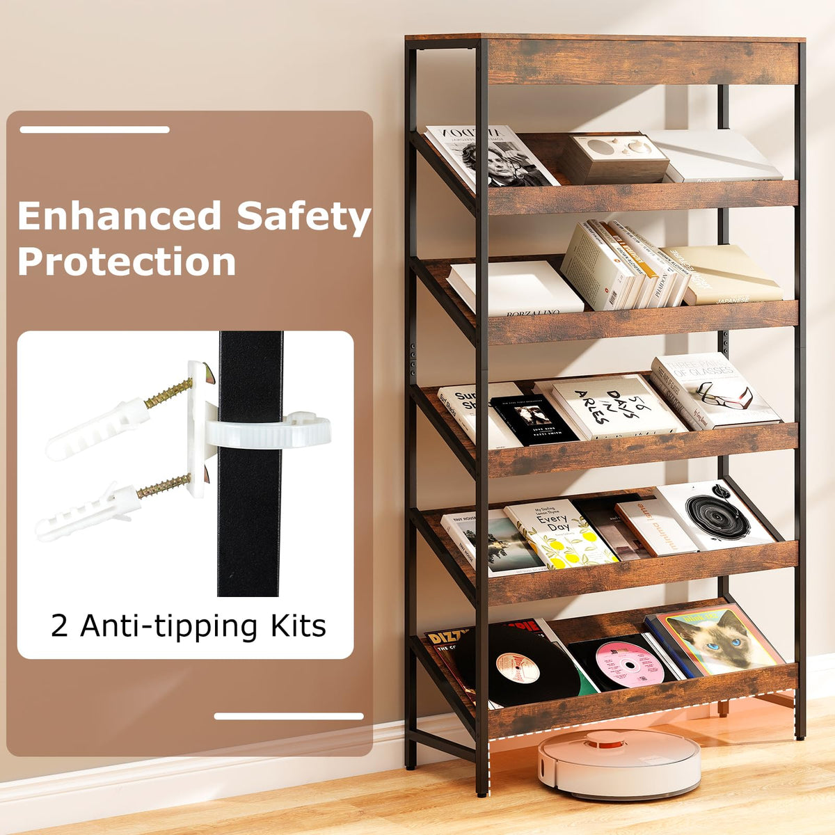 6-Tier Tall Freestanding Bookshelf with Angled Shelves F665