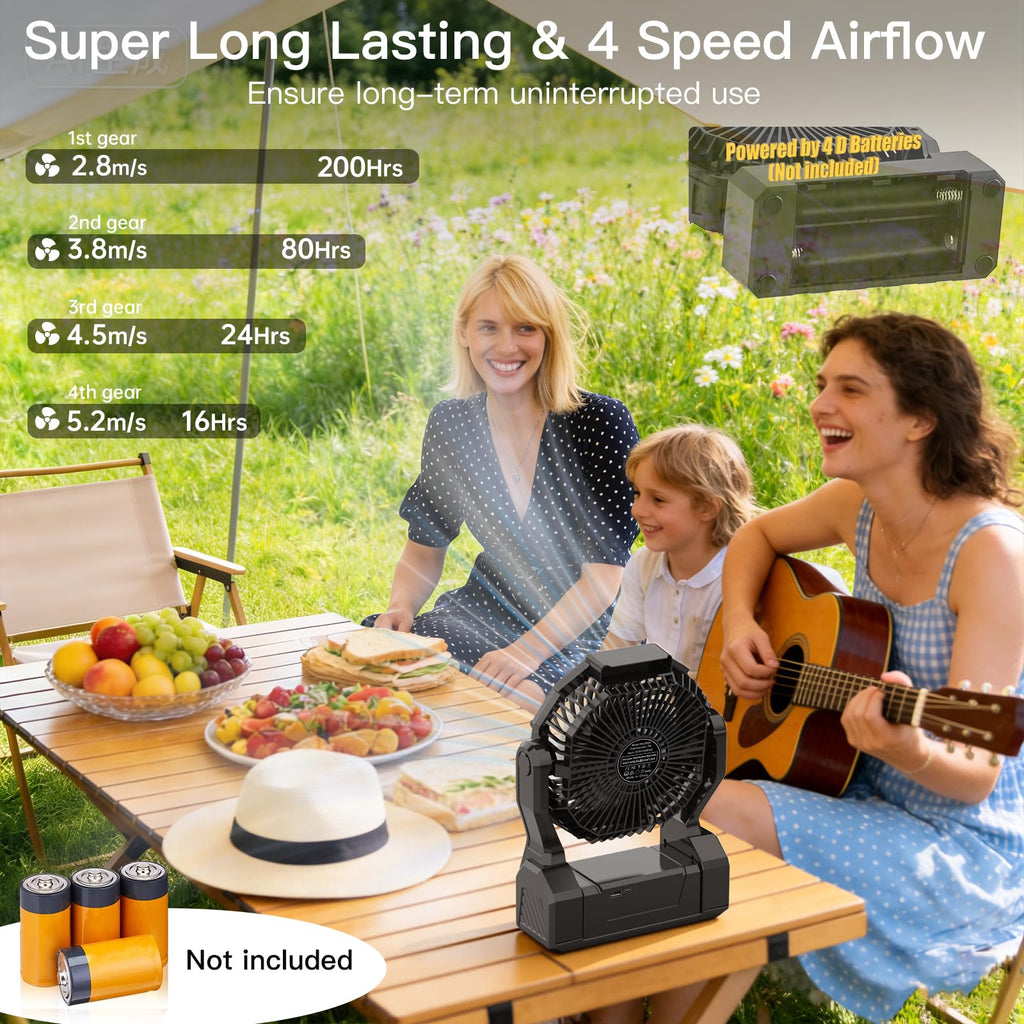 Battery Operated Portable Fan with 4 Speeds, 3 Timers & 2 Light Modes, Black P29894