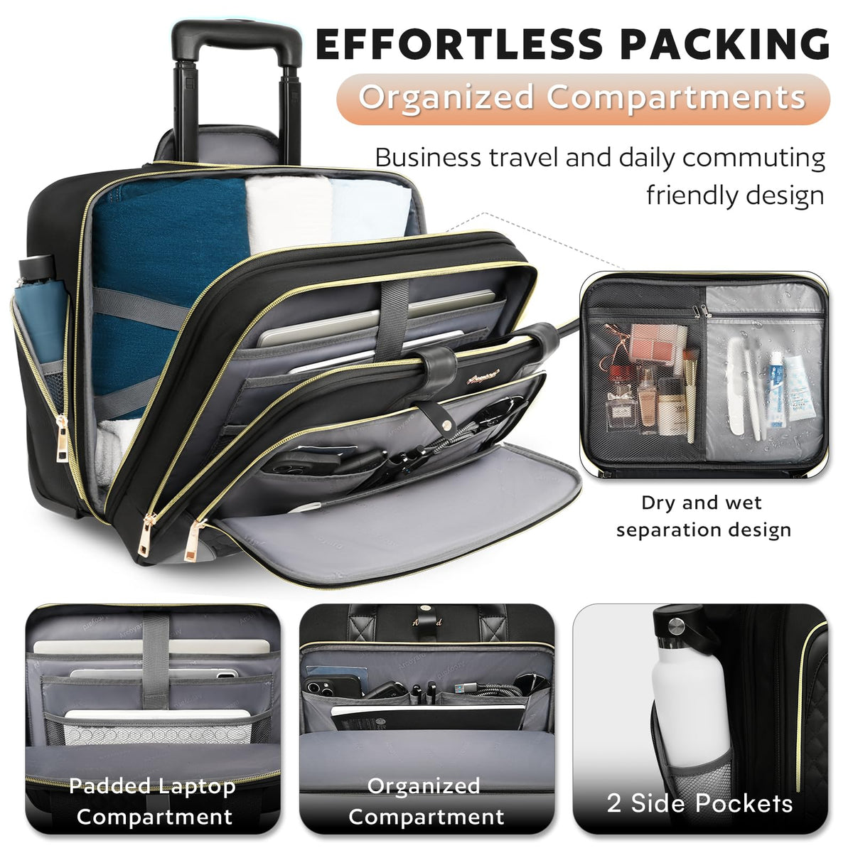 Rolling Laptop Bag with Wheels, 17 Inch Waterproof Black B474496