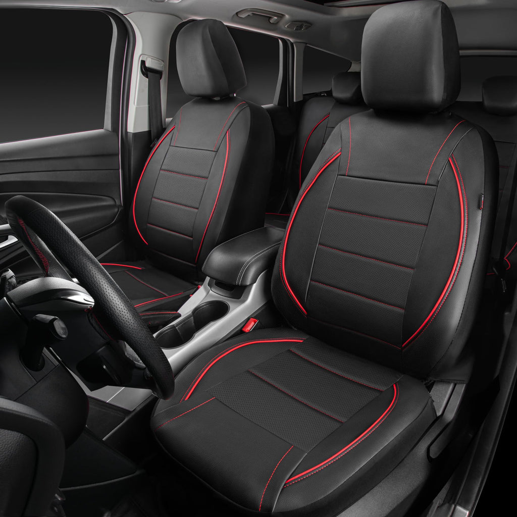 Black Red Faux Leather Front Seat Covers P9498