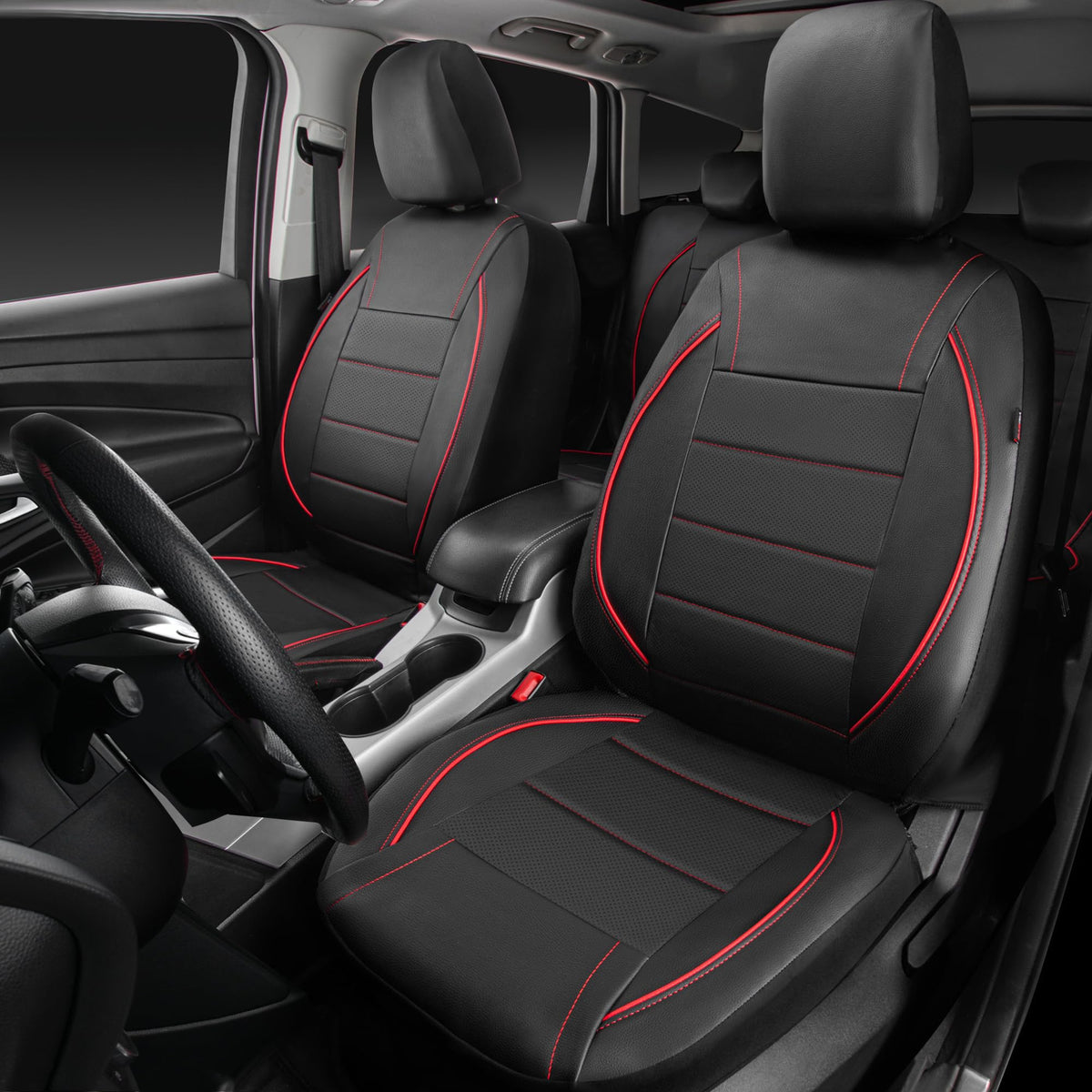 Black Red Faux Leather Front Seat Covers P9498