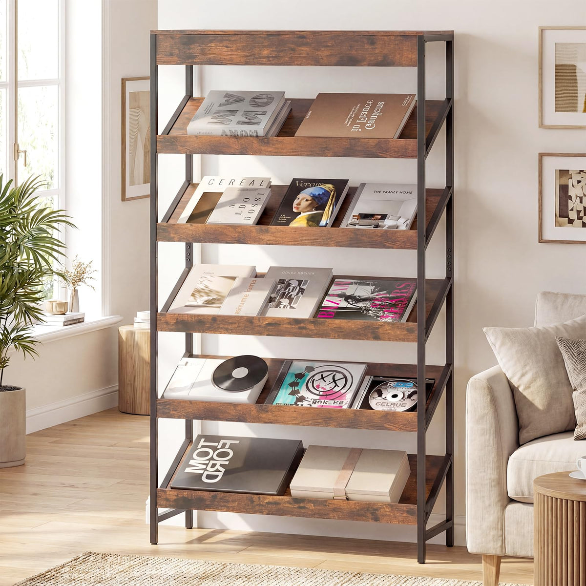 6-Tier Tall Freestanding Bookshelf with Angled Shelves F665