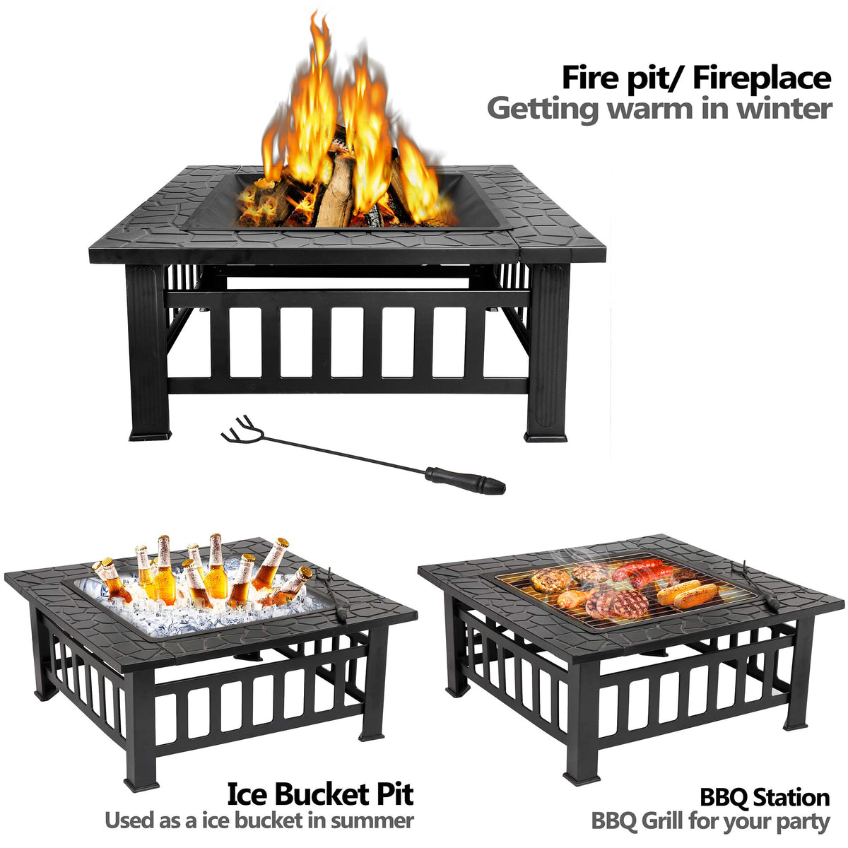 32 Inch Square Metal Outdoor Fire Pit with Spark Screen Lid and Waterproof Cover O55815